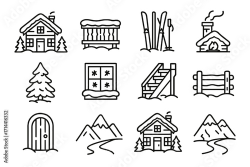 Vector chimney equipment fireplace stairs wooden icon lodge door mountains trees mountain