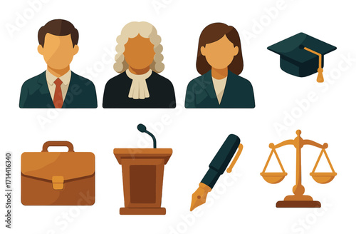 Legal profession flat icon set. featuring lawyer, judge, businessperson, briefcase, podium, pen, scales, graduation cap