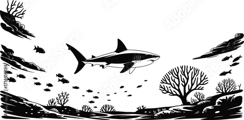 A powerful great white shark swimming gracefully through a vibrant underwater coral reef, surrounded by a variety of small fish and sea life.