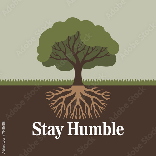 Tree with extensive root system symbolizing growth stability strength and the motto stay humble in a flat design with earth texture vector