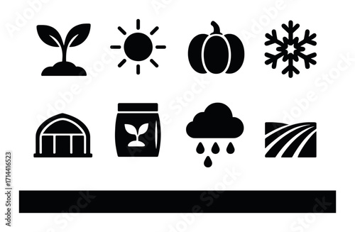Agriculture silhouette icons set. featuring plant, sun, pumpkin, snowflake, greenhouse, seed bag, rain, field
