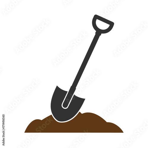 Dark gray shovel digging into brown soil mound isolated on white background spade dirt