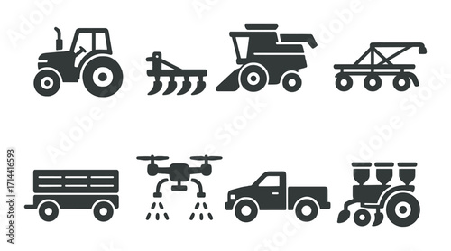 Agricultural equipment silhouette icon set. featuring tractor, plow, harvester, seeder, drone, and trailer symbols