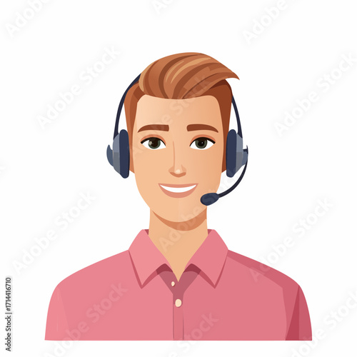 Friendly smiling young male professional wearing a headset with a microphone, ready to provide excellent customer support and online assistance, representing helpful communication and service