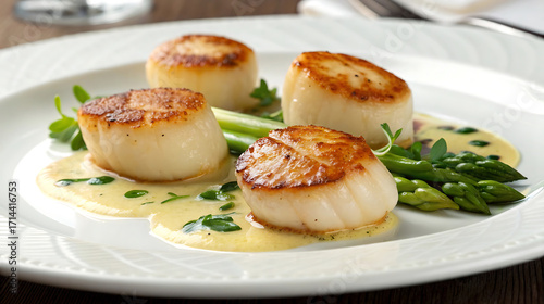 Fotografie Seared scallops with asparagus and sauce on a white plate