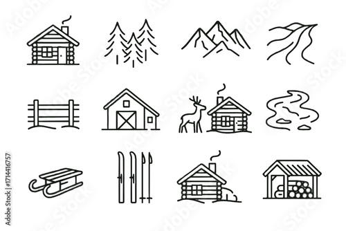 Near outside stream deer icon vector skis icons firewood retreat cabin mountain