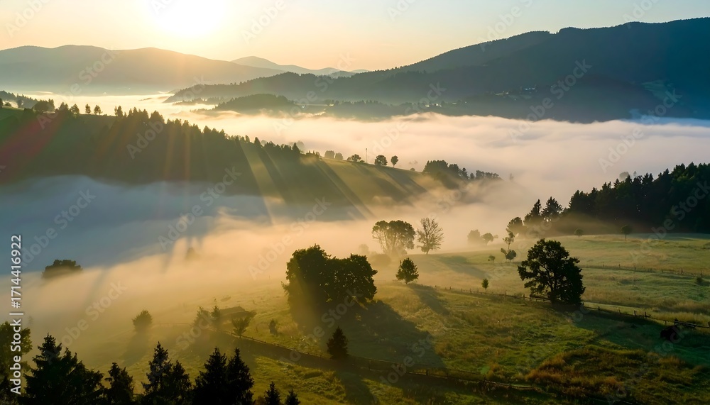 Fototapeta premium Misty mountain valley at sunrise (2)