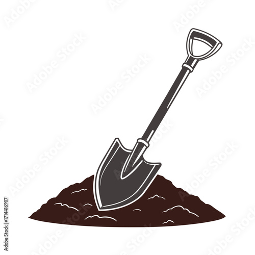 Dark shovel blade stuck in brown soil pile with white highlights spade digging