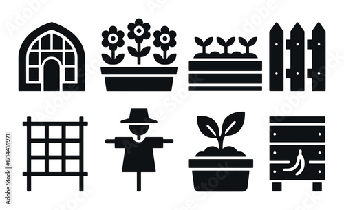 Gardening silhouette icon set: greenhouse, flowers, raised bed, fence, trellis, scarecrow, seedlings, beehive
