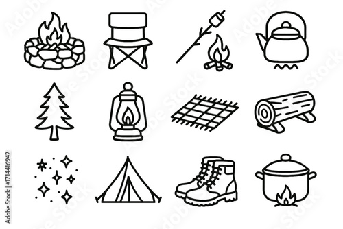 Camping pine tent icons seat blanket vector stone outdoor pit adventure icon