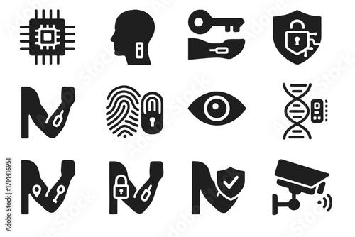 Chip scanner icon security authentication surveillance tracker implant safe vector encryption icons