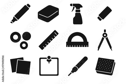 Magnets icon set board cloth cleaning vector eraser pin pen whiteboard cap