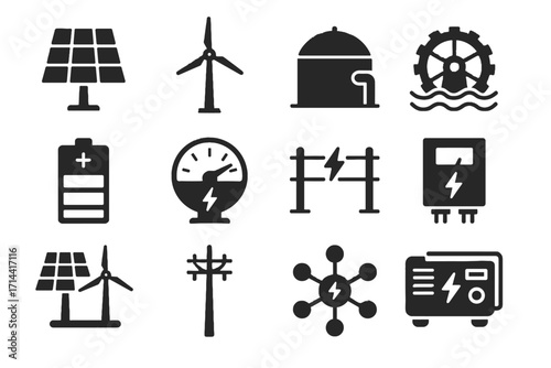 Vector icon hybrid generator renewable solar biogas meter turbine icons fence wheel