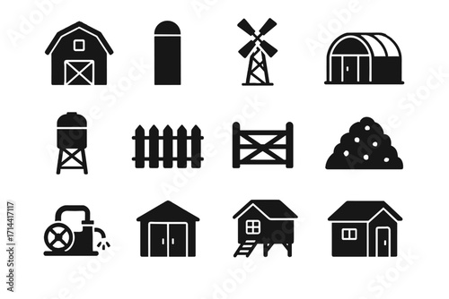 Water compost set storage gate farm chicken pump greenhouse icon vector heap