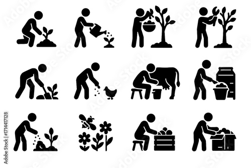 Vector composting fertilizing icon sorting pollinating activity packaging harvesting feeding animals icons