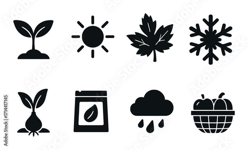 Gardening and weather silhouette icon set. featuring seedling, sun, leaf, snowflake, onion, fertilizer, rain, harvest symbols