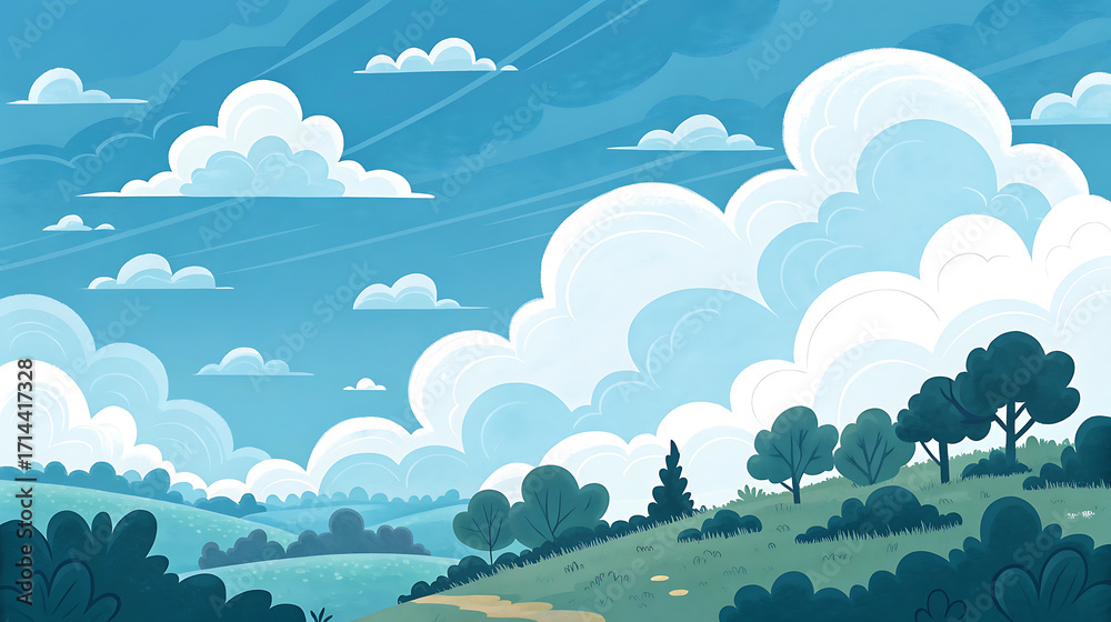 Fototapeta premium Cartoon landscape with clouds, trees, and hills in the sky