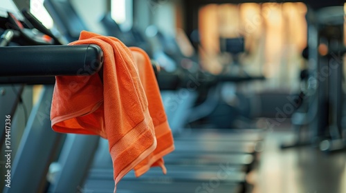 An orange towel rests on the handle of a treadmill in a modern gym. The background features blurred exercise equipment and warm lighting.