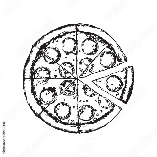 Pepperoni Pizza Hand Drawn with Missing Slice on White Background