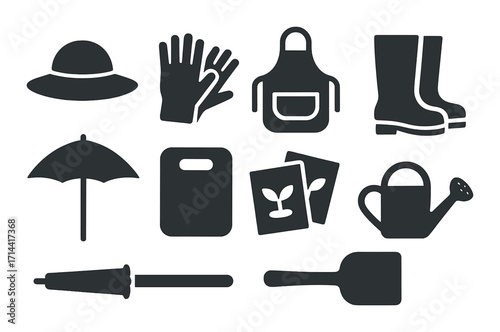 Gardening tools silhouette icon set. featuring hat, gloves, apron, boots, umbrella, board, seeds, watering can, trowel, and spade symbols