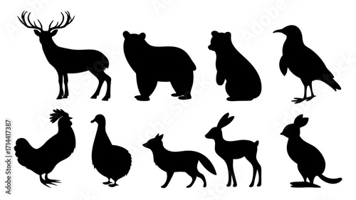 A collection of black vector silhouettes of farm and wild animals like dogs, cats, horses, cows, and deer on a white background