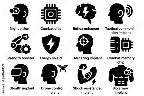 Combat energy icons shield icon stealth chip vector military armor vision implant