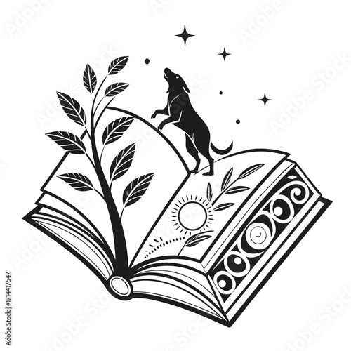 Mystical Wolf Howling on Open Book A Black and White Silhouette Illustration
