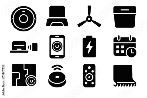Vector mobile remote k cleaning set icon battery vacuum simple compose robot