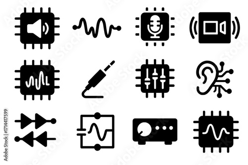 Ear ai icon acoustic input microphone module recording grid chip vector circuit