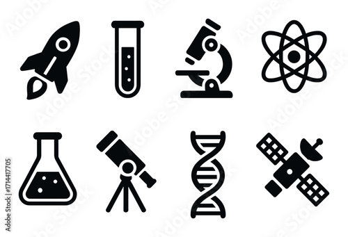 Science equipment silhouette icon set. featuring rocket, test tube, microscope, atom, and dna symbols