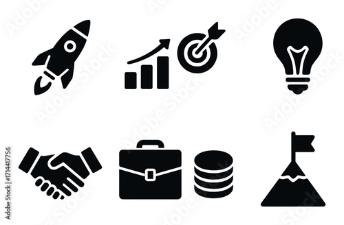 Business growth silhouette icon set. featuring rocket, graph, target, lightbulb, handshake, briefcase, coins, and flag icons