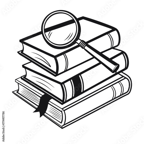Monochrome illustration of a stack of academic textbooks with a magnifying glass, symbolizing diligent study, in-depth research, and the profound pursuit of knowledge and education