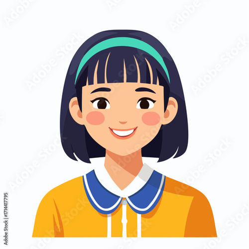 Vibrant cartoon illustration of a cheerful young Asian girl with a friendly smile, short dark hair, and a teal headband, portrayed on a clean white background