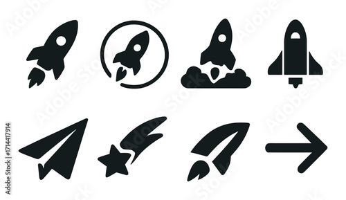 Space exploration silhouette icon set. featuring rocket, spaceship, paper plane, cloud launch, and arrow icons