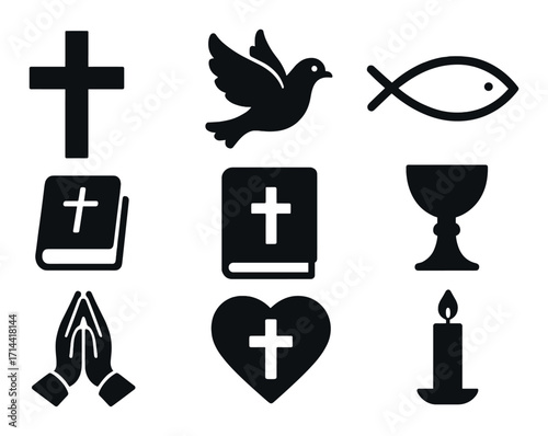 Religious silhouette icon set. featuring cross, dove, fish, bible, chalice, prayer, heart, candle symbols