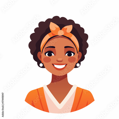 Portrait of a happy smiling young African American woman with an afro hairstyle and an orange bandana. Beautiful female character avatar for a user profile