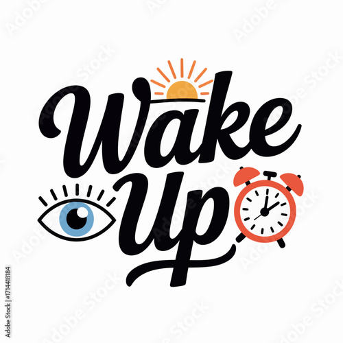 Playful wake up script font typography with sunrise eye and alarm clock icons for morning motivation and daily start themes vector