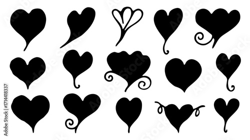 Hand-drawn Heart Shapes A Set of Black Silhouettes Perfect for Valentine's Day Designs and Romantic Decor