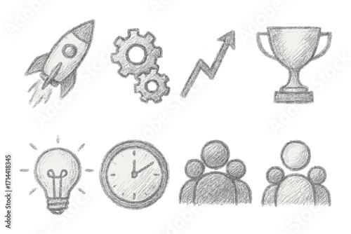 Business strategy chalk icon set. featuring rocket, gears, growth, trophy, lightbulb, clock, team, people