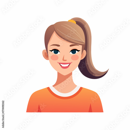 Portrait of a happy young woman with a high ponytail. A cheerful and friendly cartoon character avatar with a bright smile
