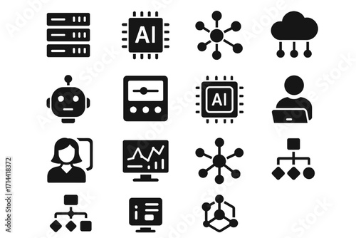 Vector central machine set algorithm icon assistant neural network chip ai server