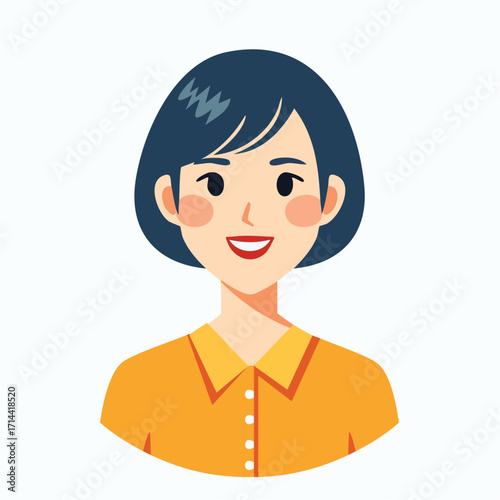 Smiling woman with short dark hair in an orange collared shirt, a friendly and approachable portrait illustration