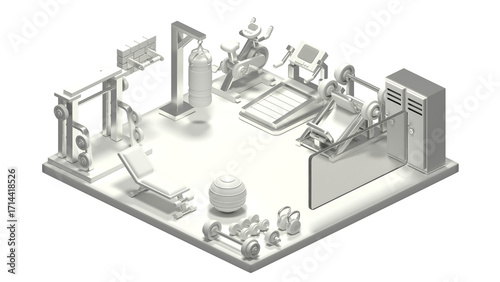 Isometric Gym Interior Rendering Conceptual Illustration of Exercise Equipment and Fitness Space