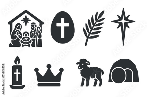 Easter silhouette icon set. featuring nativity, cross, egg, palm, star, candle, crown, lamb, resurrection symbols