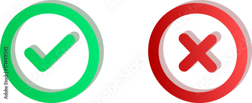 3D Green and Red Circular Check and Cross Icons Isolated on Transparent Background