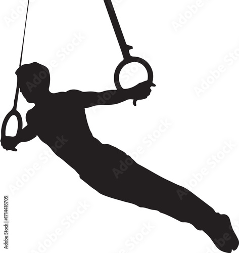 Black silhouette of gymnast on rings, white background, minimal style