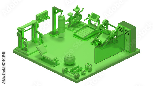 Isometric 3D render of a complete modern fitness gym setup, featuring various exercise equipment and weights in a vibrant monochromatic green, perfect for health and wellness themes