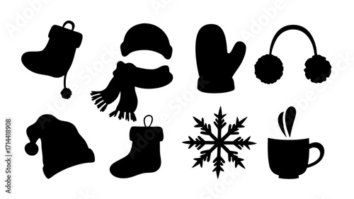 Elegant black silhouettes of cozy winter and festive holiday items create a versatile graphic collection, perfect for seasonal designs and creative projects