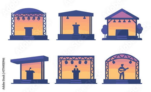 Event stages silhouette icon set. featuring podium, concert, conference, festival, speaker, and music stage symbols