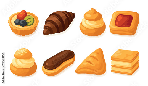 Bakery confection silhouette icon set. featuring tart, croissant, eclair, cookie, meringue, puff, and mille-feuille